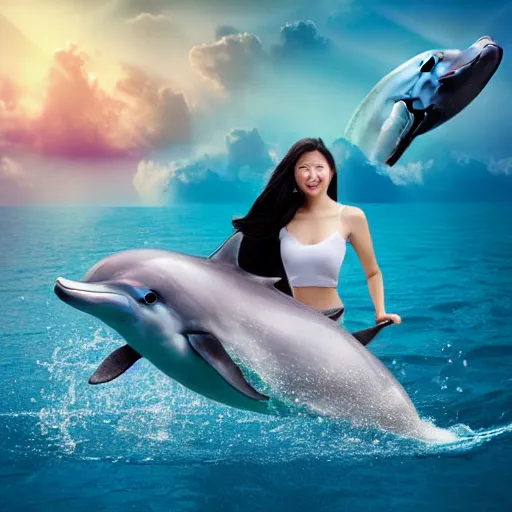 Prompt: a beautiful Chinese princess riding a dolphin, advertising photography, realistic photo, studio light