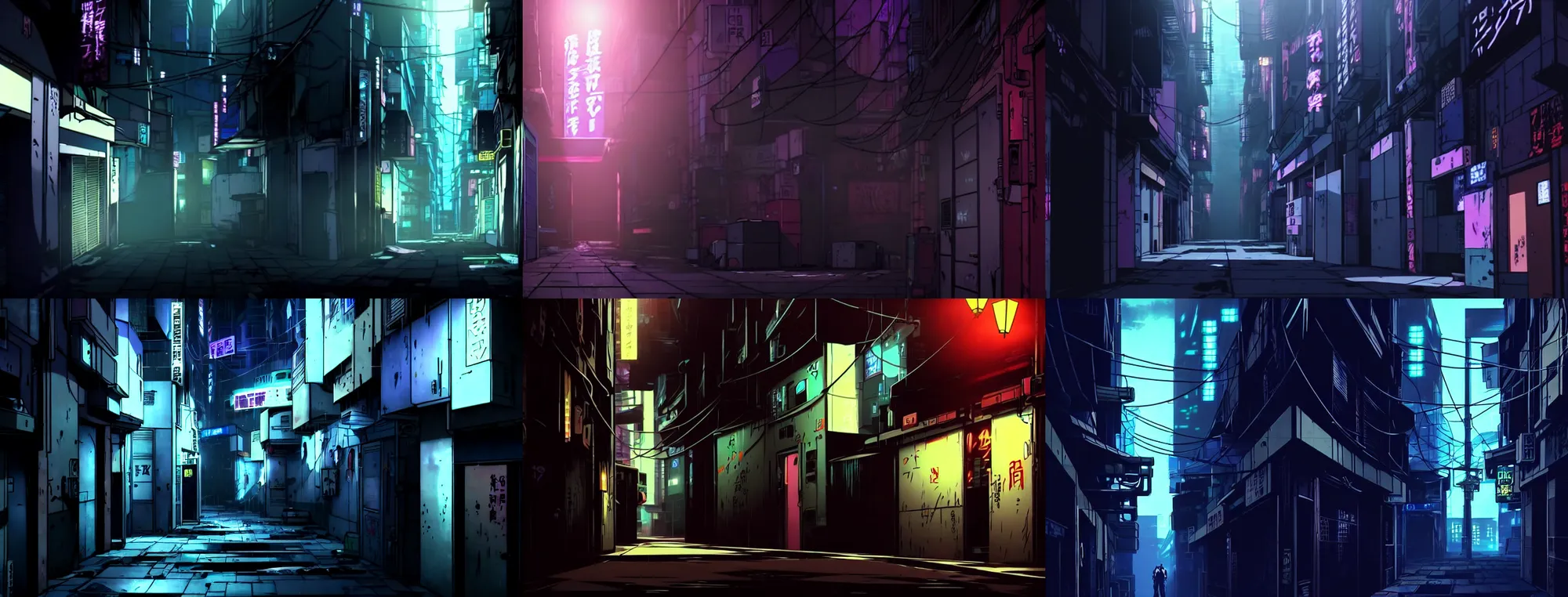 Prompt: close up of a moody cyberpunk city alleyway in the atmospheric neon noir anime film, at night with neon lights, in the anime film ergo proxy