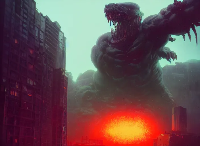 Prompt: seattle being attacked by a giant herculean demon, by beeple and maciej kuciara and greg rutkowski