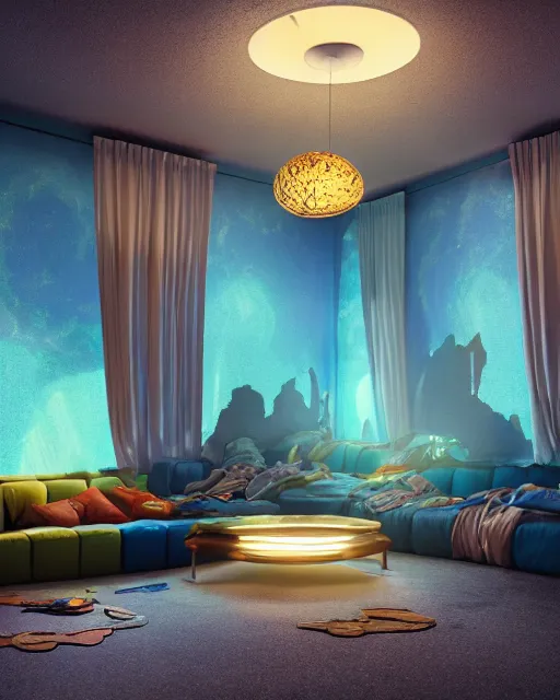 Image similar to artstation scifi scene of a safe room as ikea ad, lounge furniture, sky mural on the room ceiling, holographic gitchart windows, large terrarium, paneled walls, unreal engine 5, hyper realism, realistic shading, cinematic composition, blender render, octane render, hdr, detailed textures, photorealistic, wide shot