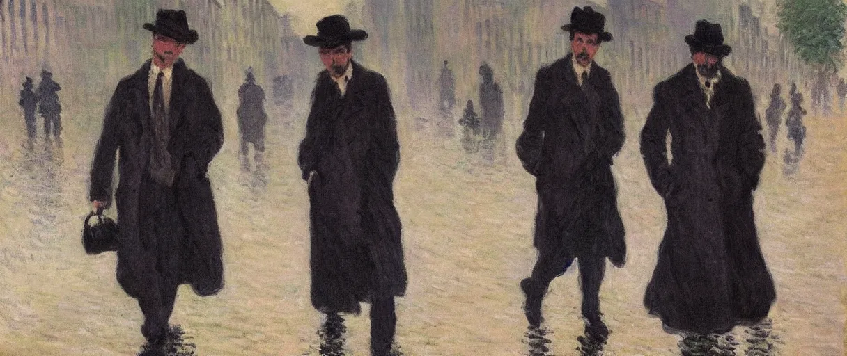 Image similar to a drunk and depressed film noir detective in a trench-coat, walking along a street; a painting by Claude Monet