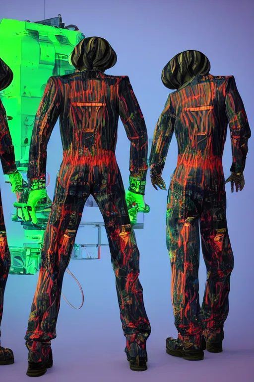 Prompt: photo of a jump suit, band merchandise, bandname is tripmachine, tourname is invasion of the tripmachines, realistic digital art, jump suit is textured with a 3 d render of a huge futuristic steampunk generator, 8 k, fluorescent colors, halluzinogenic, multicolored, exaggerated detailed, unreal engine