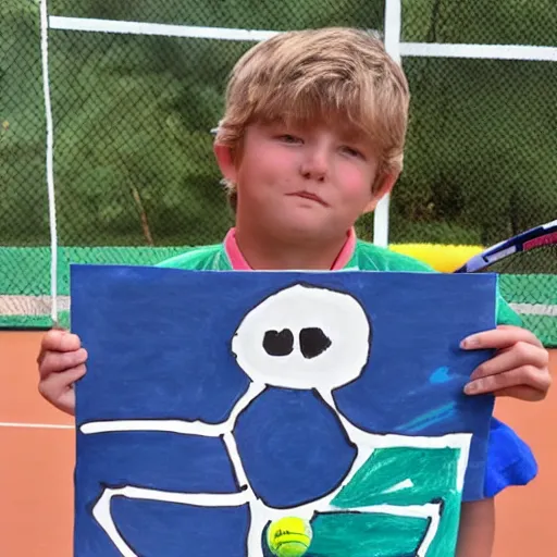 Image similar to children's drawing of Dakota granning playing tennis