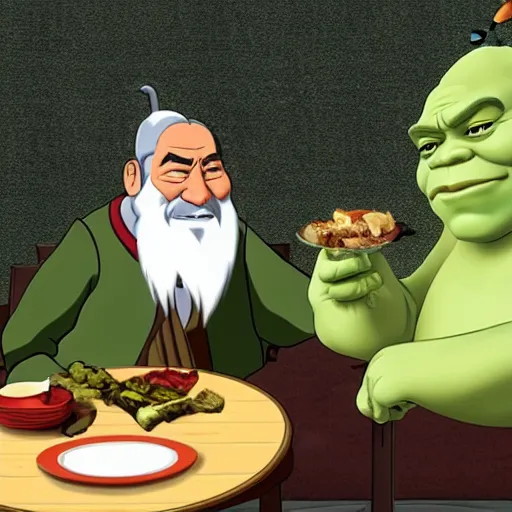 Prompt: uncle iroh having lunch with shrek, candid photo