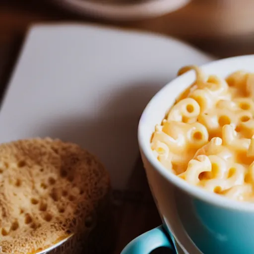 Image similar to A found photo of a living box of mac and cheese holding a cup of coffee, eldritch horror