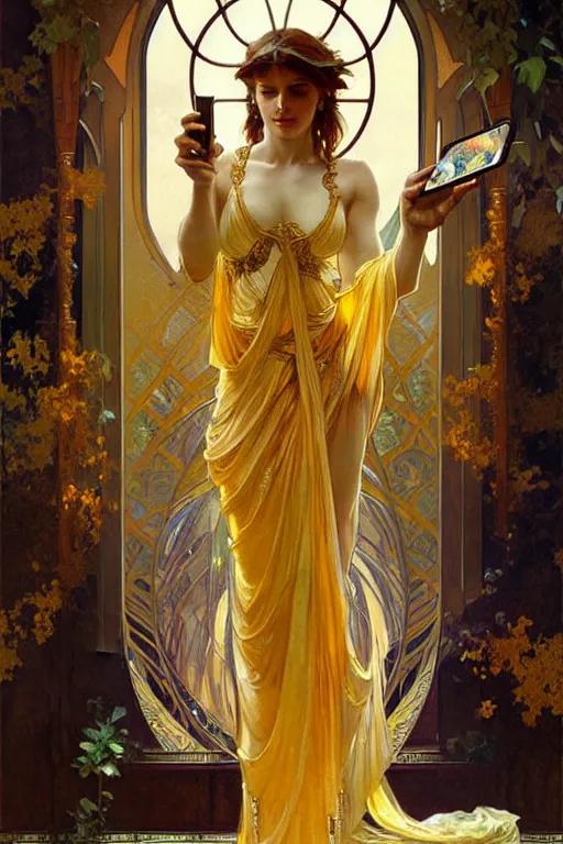 Prompt: A goddess wearing golden clothes, holding a phone, fantasy, painting by greg rutkowski and alphonse mucha