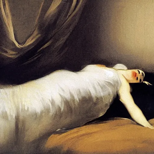 Prompt: Francisco Goya painting of Liv Sage lounging in her bedroom, candlelit, dramatic