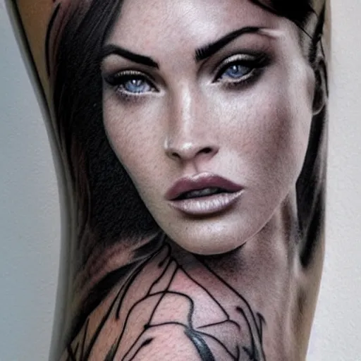 Image similar to realism tattoo sketch of double exposure megan fox against a background of beautiful mountain scenery, in the style of andrey lukovnikov