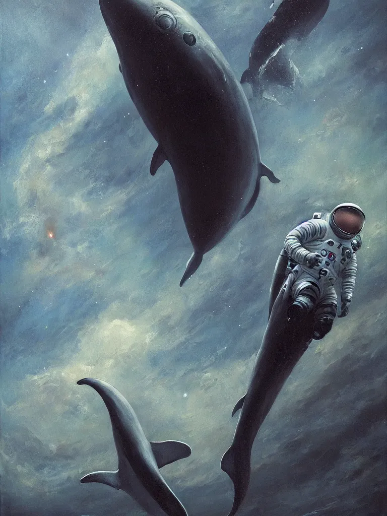 Prompt: astronaut suit in the shape of a whale, epic dark fantasy horror stylized oil painting by ivan shiskin. trending on artstation