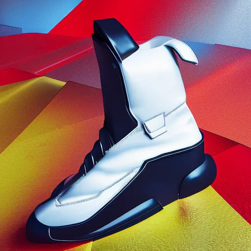 Image similar to futuristic balenciaga and vetements sneakers by maison margiela fusion ultra rendered extreme realism and detail, 8 k, highly detailed, realistic, completely framed, pbr, surreal, hyper realistic, colorful, direct lighting, 3 5 mm photo, photorealistic, sharp focus,