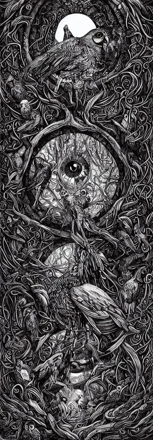 Prompt: psychedelic, monochrome artwork!!, raven, deer, in front of an owl that is a window into the ocean, typography, hr giger, didier comes, james jean, andreas rocha,