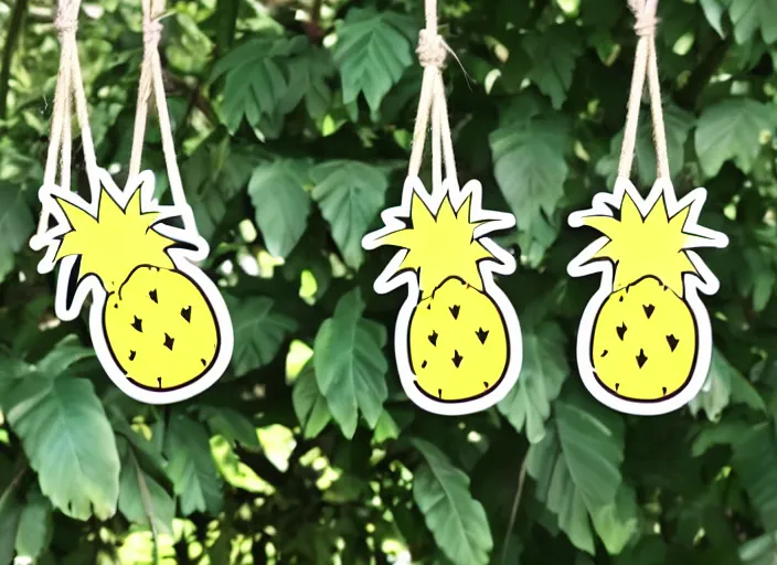 Prompt: die cut sticker of two cute kawaii smiling pineapples on a swing set
