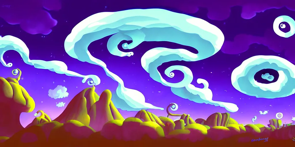 Prompt: night chubby cartoon concept art, spiral clouds, from sam and max