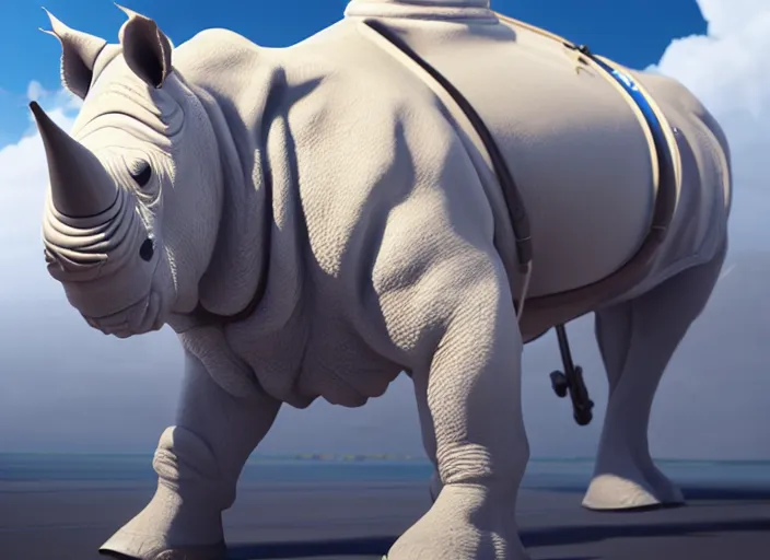 Image similar to character portrait feature of the anthro male anthropomorphic white rhino fursona wearing airline pilot outfit uniform professional pilot character design stylized by charlie bowater, ross tran, artgerm, and makoto shinkai, detailed, soft lighting, rendered in octane, maldives in background