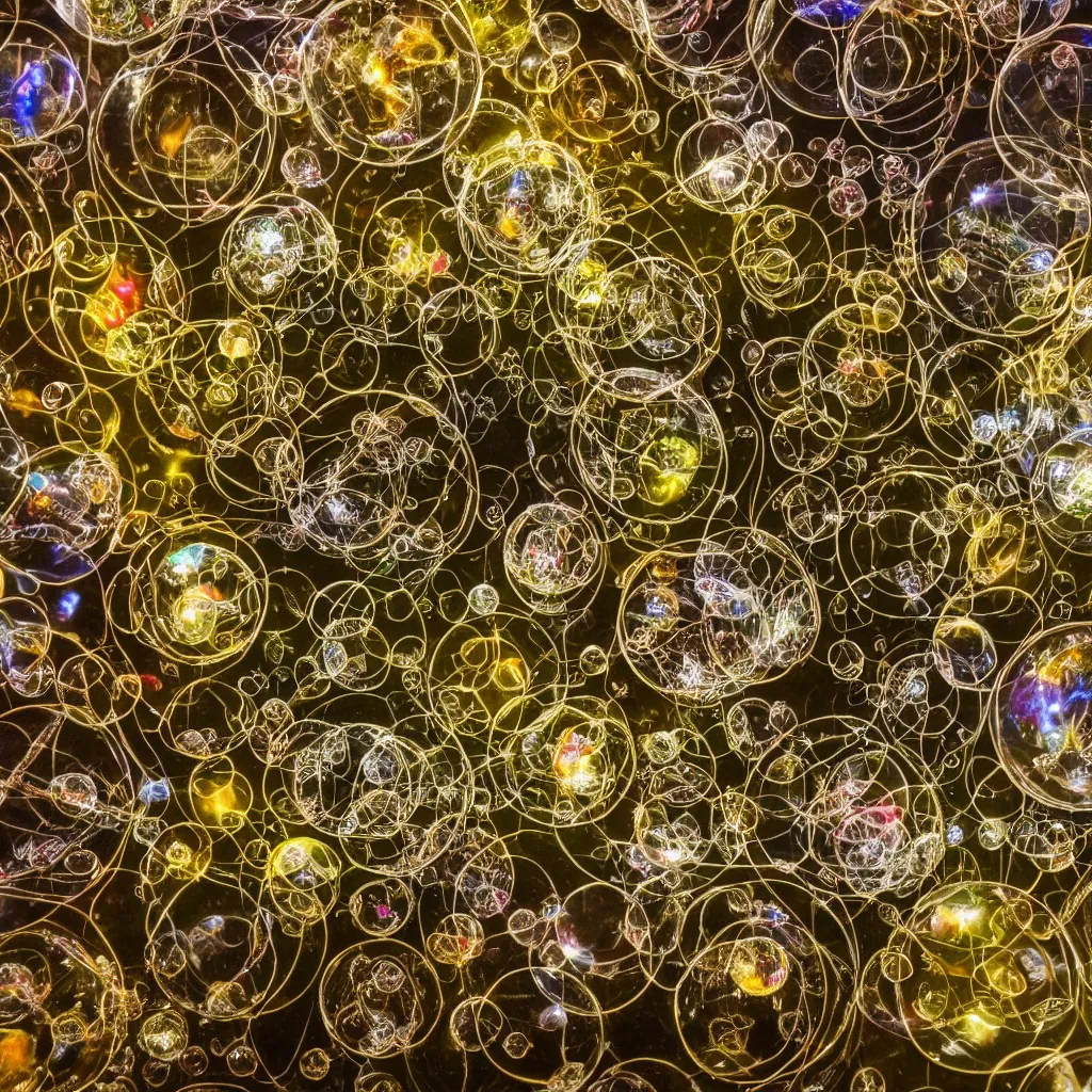 Prompt: close - up, macro photography, in the way to mictlan, art, sacred underworld geometry, aboriginal space travellers inside glass display bubbles, ernst haeckel, floria sigismondi, gregory crewdson