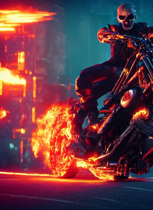 Prompt: epic wicked evil nasty filthy cyberpunk ghost rider, 8K, trending on ArtStation, vivid colors, grungy, photographic emulsion, horror masterpiece, cinematic lighting, still from dramatic action sequence, grattage