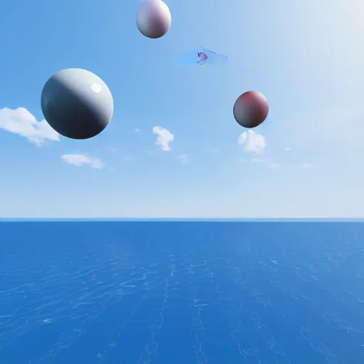 Prompt: geometric 3 d objects flying above sea, sea line, glass glossy material, sunny sky, vray render