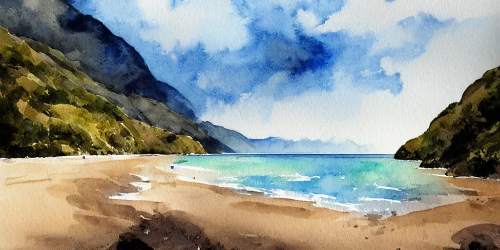 Prompt: golden bay new zealand, abel tasman, amazing watercolor painting, trending on artstation