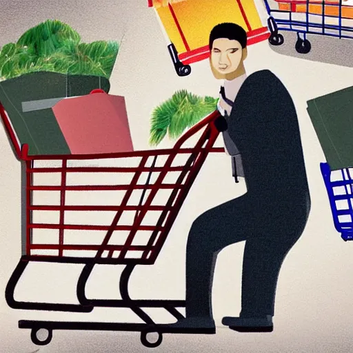 Prompt: chinese man sitting in shopping cart, realism style