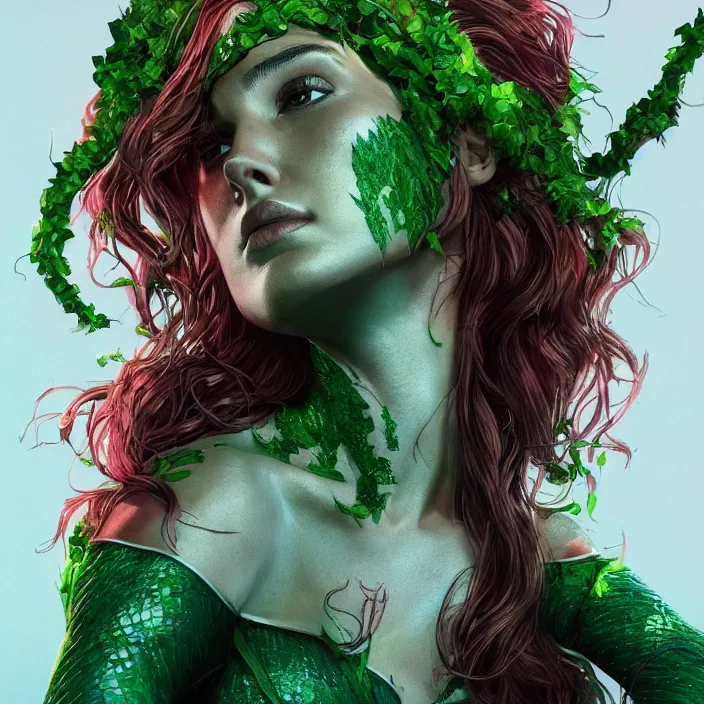 Image similar to portrait of Gal Gadot as a Poison Ivy. intricate artwork. by Tooth Wu, wlop, beeple, dan mumford. octane render, trending on artstation, greg rutkowski very coherent symmetrical artwork. cinematic, hyper realism, high detail, octane render, 8k