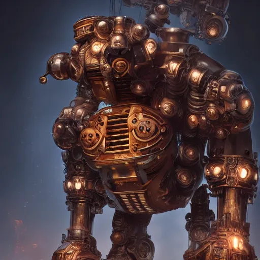 Prompt: a Steam powered mechanical golem, forward facing angle, studio background, character design, stunning 3d render , art by Tooth Wu and riot studios, 8k octane beautifully detailed render, post-processing, extremely hyperdetailed, intricate complexity, masterpiece, trending on artstation