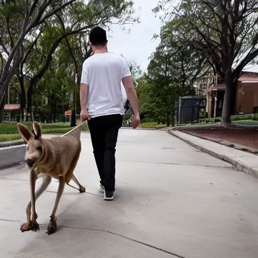 Image similar to Pete Davidson walking a kangaroo, 4k, photorealistic,