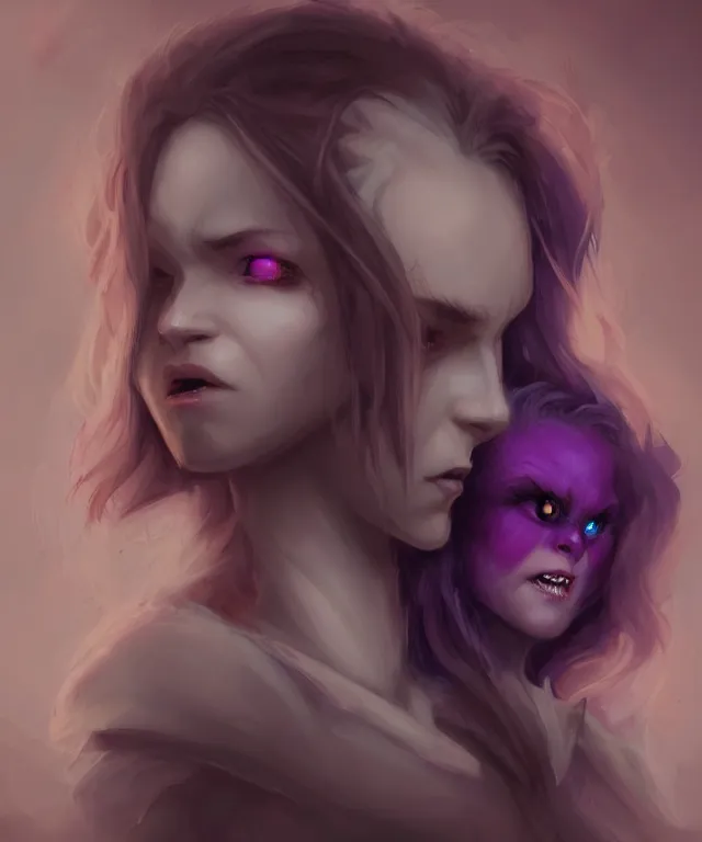 Prompt: cute friendly demon with purple skin meets cute friendly pale vampire by charlie bowater and titian and artgerm, intricate, face, cavern, elegant, beige mist, beautiful, highly detailed, dramatic lighting, sharp focus, trending on artstation, artstationhd, artstationhq, unreal engine, 4 k, 8 k