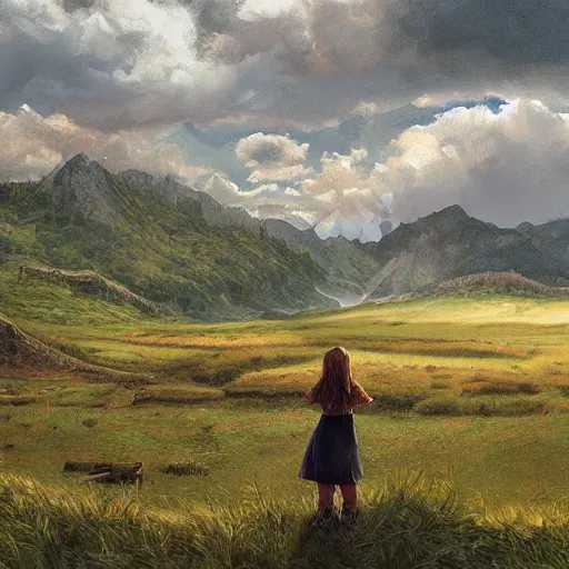 Image similar to a cinematic landscape view looking at an open field, a girl sits in the field looking at the sky, mountains in the distance with a river running down, the sun shines through the parted clouds, digital painting, fantasy, art by alexandre mahboubi and christophe oliver