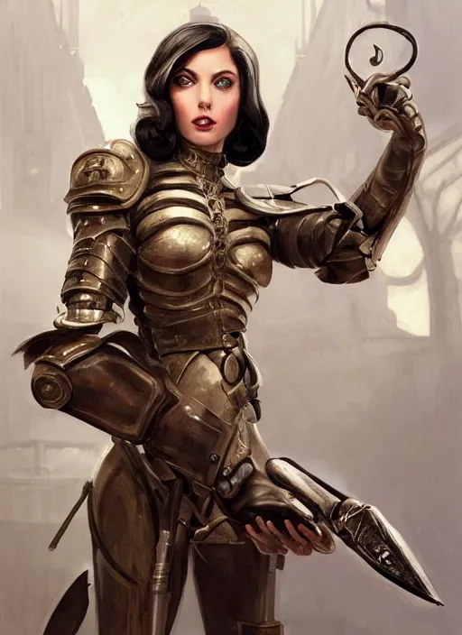 Prompt: a professional painting of a beautiful young female fashion model, dressed in military armor, olive skin, long dark hair, beautiful bone structure, symmetrical facial features, intricate, elegant, digital painting, concept art, smooth, sharp focus, illustration, from Bioshock, by Ruan Jia and Mandy Jurgens and Artgerm and William-Adolphe Bouguerea