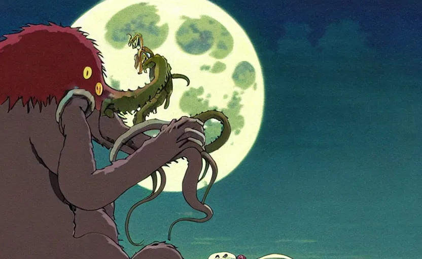 Prompt: a still from a studio ghibli movie of a cartoon cthulhu strangling king kong from princess mononoke ( 1 9 9 7 ), in front of a pale full moon, full body, wide shot, very dull muted colors, studio ghibli, highly detailed, deviantart, art by artgem