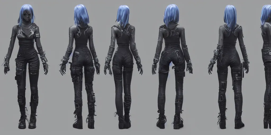 Prompt: character sheet of cyberpunk girl, riot games. 3 d unreal engine 5 trending on artstation