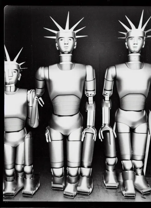 Prompt: three humanoid robots with an adult male human looking face is the statue of liberty, polaroid, flash photography, photo taken in a completely dark storage room where you can see some empty boxes in the background,