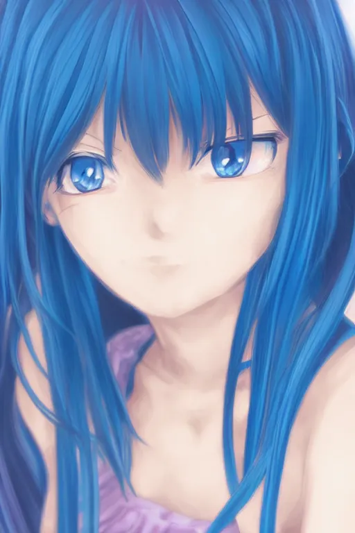 Image similar to close up portrait of an anime girl, blue long hair, by mai yoneyama, anime stile, cell shading, blurred background