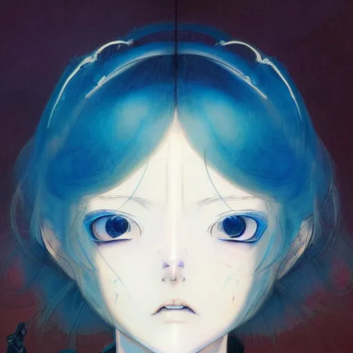 Image similar to prompt : ivory and blue portrait soft light painted by james jean and katsuhiro otomo and erik jones, inspired by evangeleon anime, smooth face feature, intricate oil painting, high detail illustration, sharp high detail, manga and anime 1 9 9 9