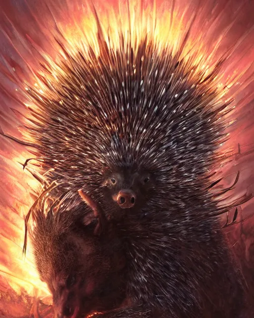 Image similar to Porcupine in armor, portrait, woodlands, magic the gathering artwork, D&D, fantasy, cinematic lighting, centered, symmetrical, highly detailed, digital painting, artstation, concept art, smooth, sharp focus, illustration, volumetric lighting, epic Composition, 8k, art by Akihiko Yoshida and Greg Rutkowski and Craig Mullins, oil painting, cgsociety