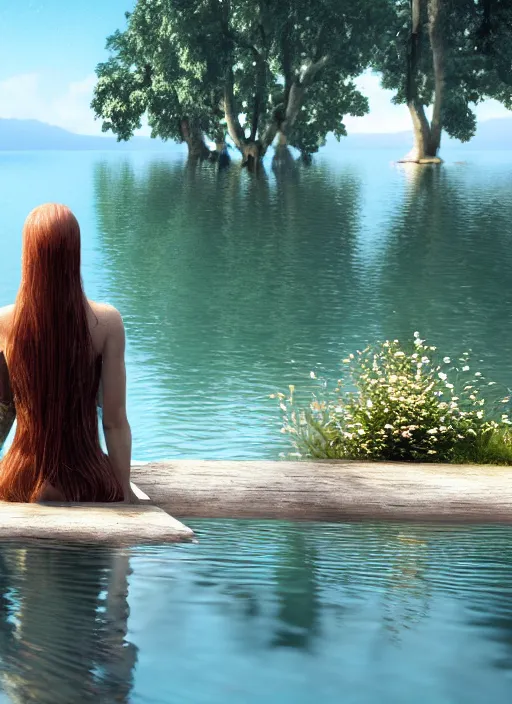 Image similar to slavic girl sitting near the lake ; mermaids in the water ; mystic dust ; unreal engine ; photorealistic