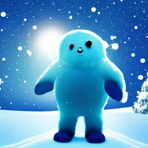 Image similar to a downy polabear with crystal eyes wandering in a winter wonderland ; acid blue sky background