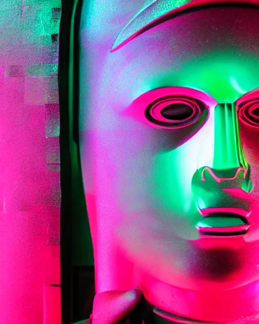 Prompt: dramatic cyberpunk portrait of a metallic featureless statue, crystalline, red glow, green glow, blue glow, atmospheric haze, intense shading, chromatic aberration, glitch, backlit, bokeh, centered