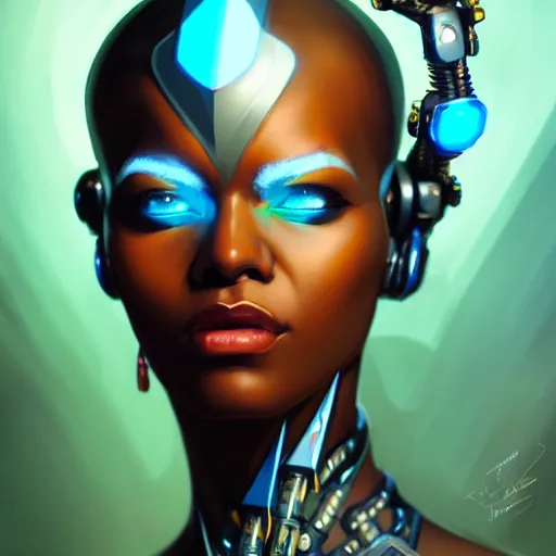 Image similar to a portrait of Adhel Bol as a beautiful cybernetic techno queen, black woman, cyberpunk concept art by pete mohrbacher and wlop and artgerm josan gonzalez and syd mead, digital art, highly detailed, intricate, sci-fi, sharp focus, Trending on Artstation