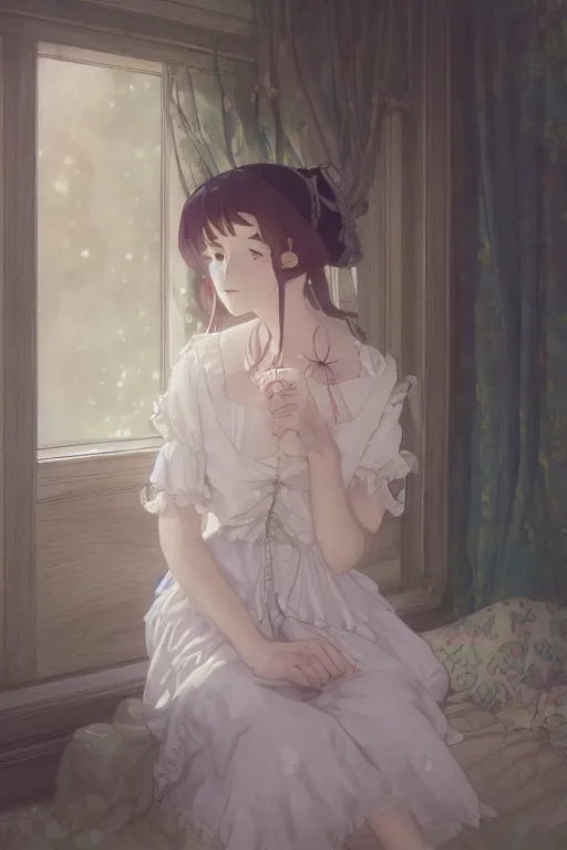 Image similar to a young lolita dressed girl in a maid's outfit in the bedroom typing front the notebook a night, raining outside the window, wavy white long hair, by krenz cushart and mucha and akihito yoshida and makoto shinkai and greg rutkowski, 4 k resolution