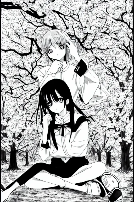 Image similar to black and white manga page, highly detailed pen, sharp high quality anime, shoujo romance, two girls, first girl with long dark hair in sailor uniform, second girl with short light hair in pant suit, sitting on bench, cherry blossom tree in background with petals floating, drawn by Atsushi Ohkubo
