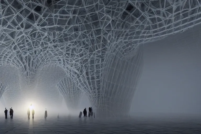 Image similar to tourists visiting a complex organic fractal 3 d ceramic megastructure, cinematic shot, foggy, photo still from movie by denis villeneuve