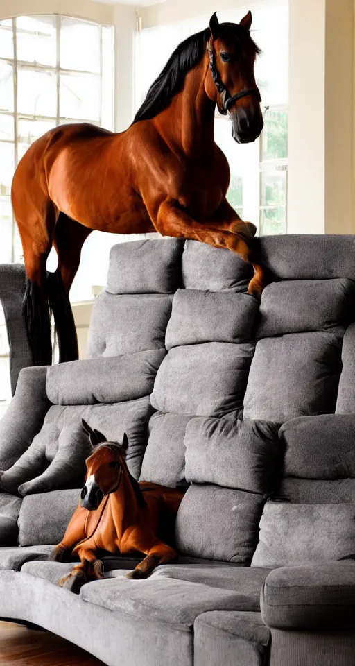 Prompt: horse sitting on a sofa