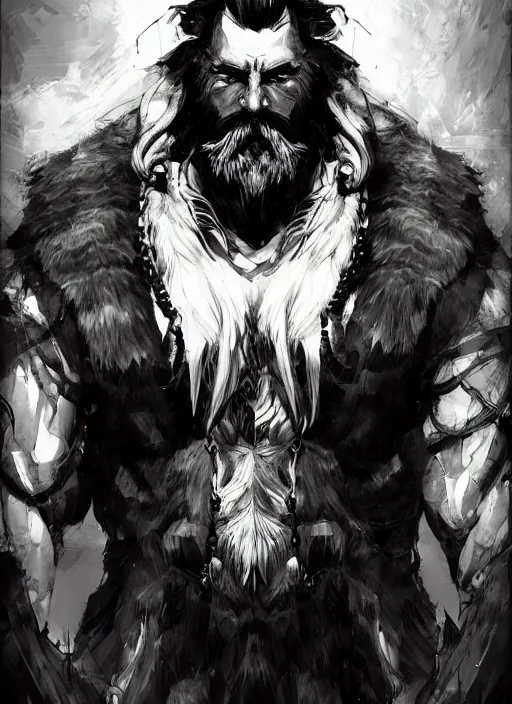 Image similar to Full body portrait of an old muscular man with white hair and black beard wearing bear skin. In style of Yoji Shinkawa and Hyung-tae Kim, trending on ArtStation, dark fantasy, great composition, concept art, highly detailed.