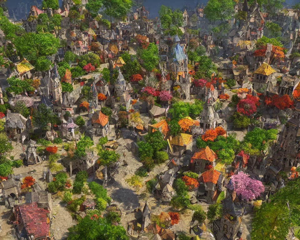 Image similar to colorful medieval city of the fae, built into trees and stone, fanciful, magical, unreal engine