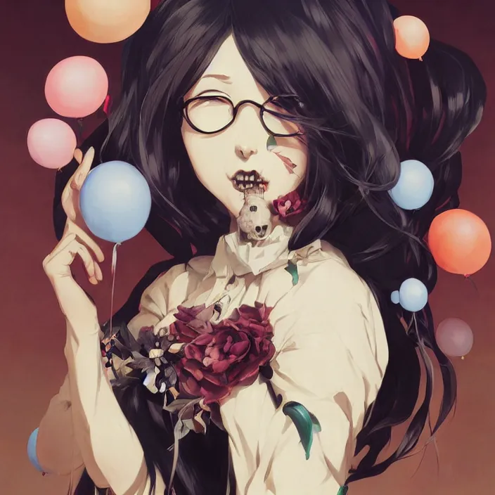 Image similar to anime skull portrait woman, balloons, mucha, hard shadows and strong rim light, art by jc leyendecker and atey ghailan and sachin teng