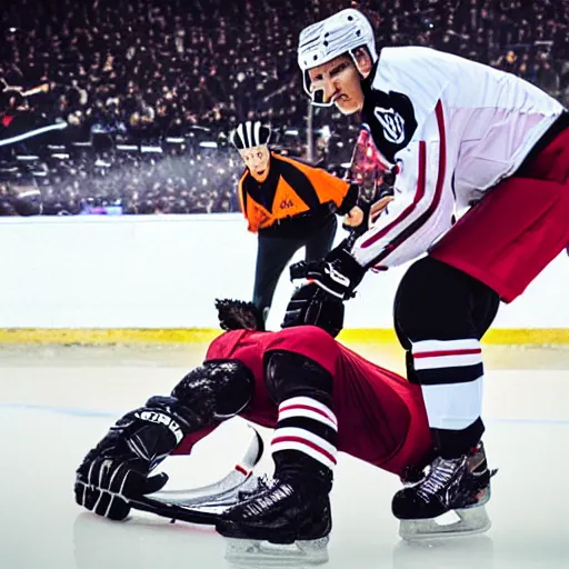 Image similar to “Wes McCauley tripping on the ice as a referee, Hockey, Ice, 4K UHD image”