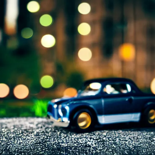 Prompt: toy car next to a tire, bokeh