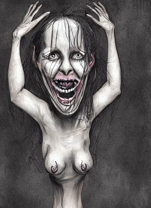 Image similar to A Scary Smiling woman reaching her arms out, in the style of Stephen Gammell