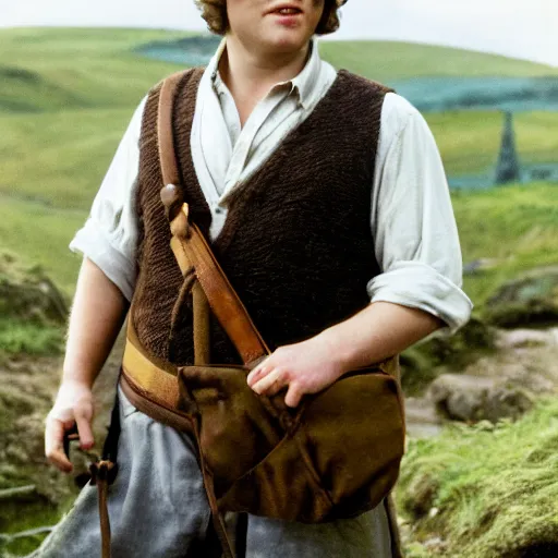 Prompt: clean shaven pudgy British lad with short curly dark brown hair as a hobbit wearing a white men's crossbody sling chest bag and blue vest, high resolution film still, movie by Peter Jackson